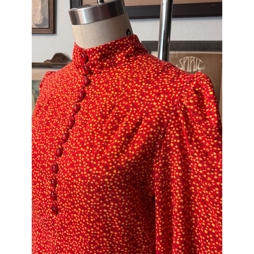 Vintage 70s Prairie Calico floral Print bishop Sleeve Dress Red Yellow - Picture 6 of 10